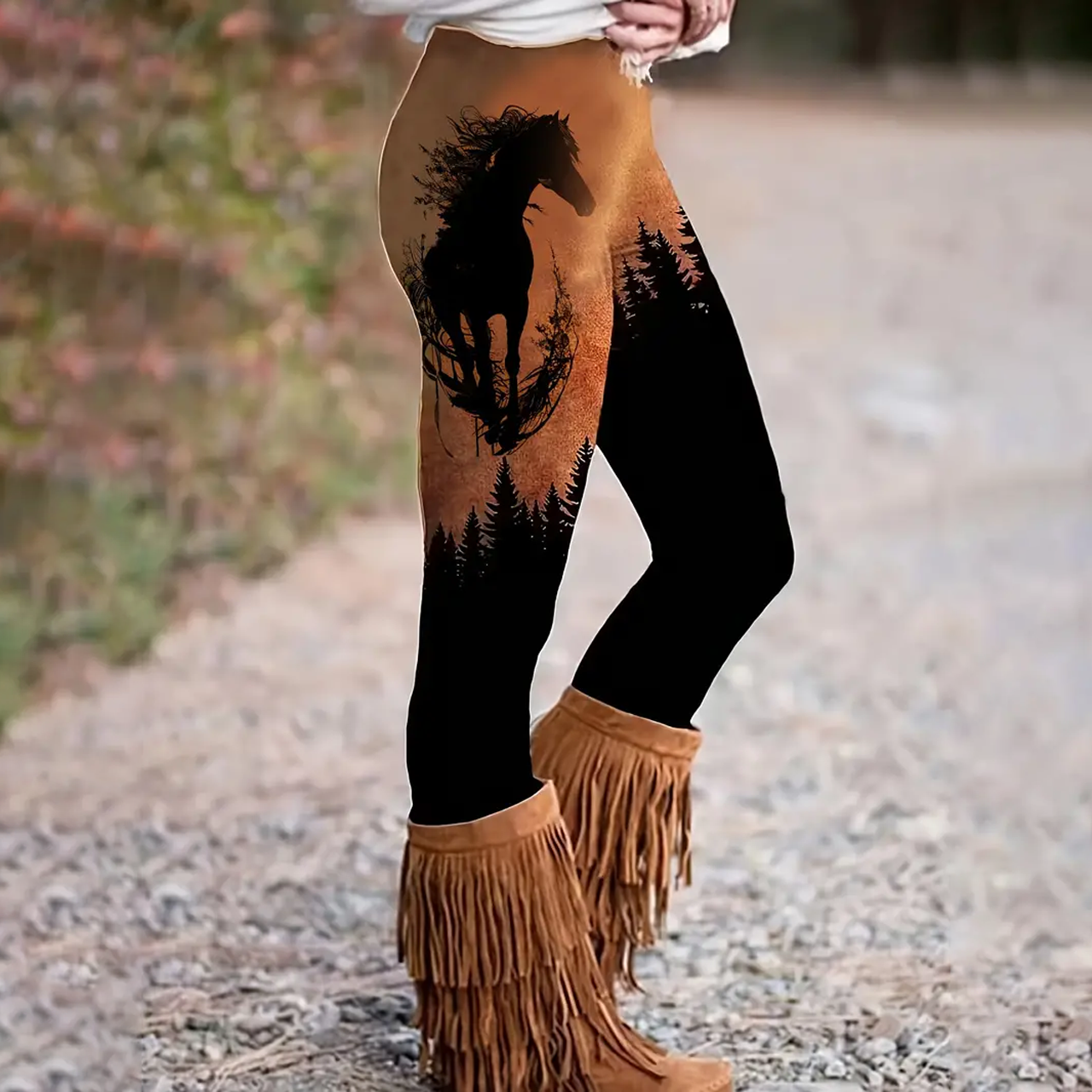 Long Length Slim Fit Geometric Patterned Polyester Cowboy Horse Print Leggings - Elastic Waist, Mid Stretch, Casual Styl