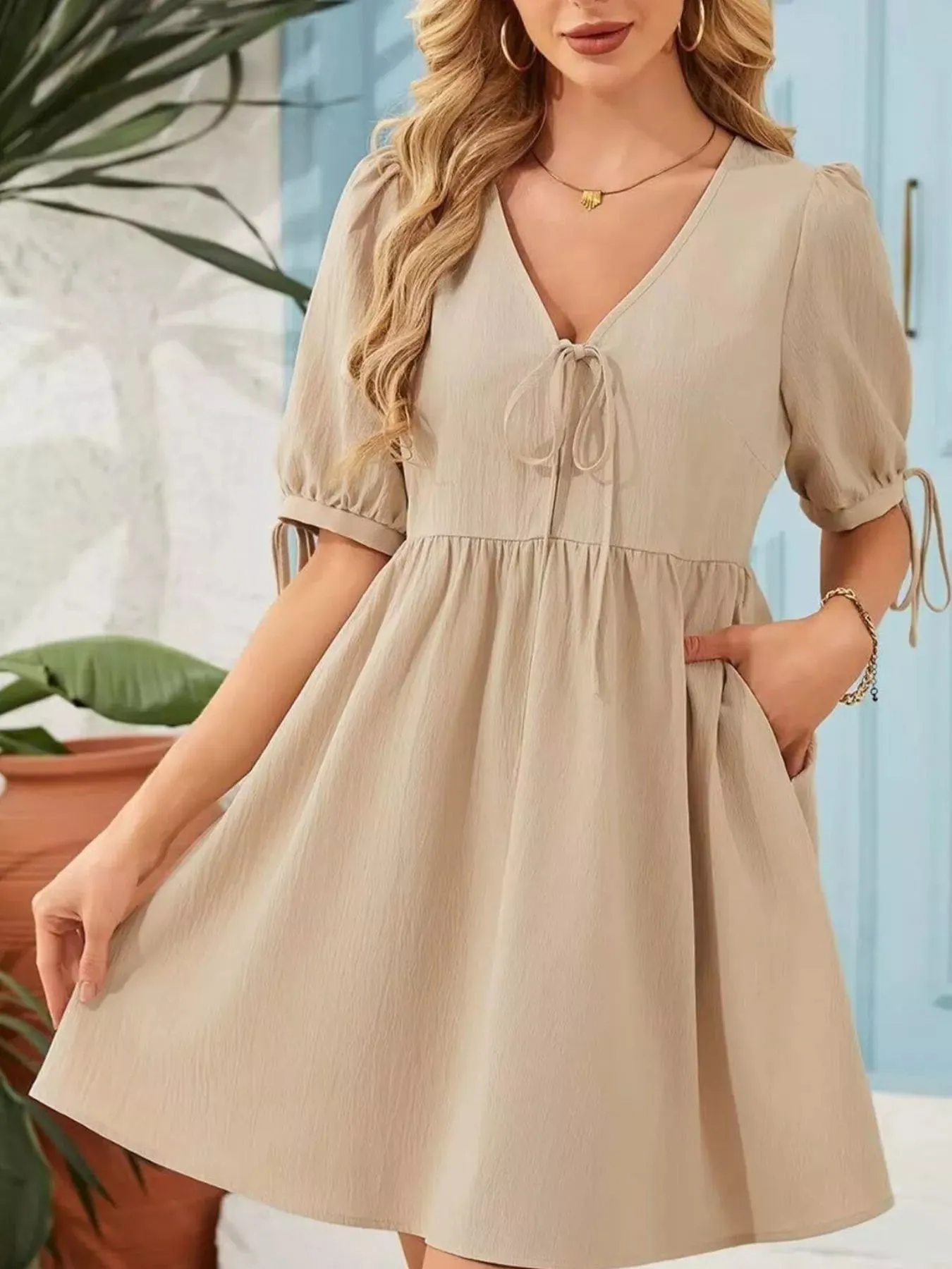 Tie-Neck Puff Sleeve A-Line Mini Dress mysite idetrend