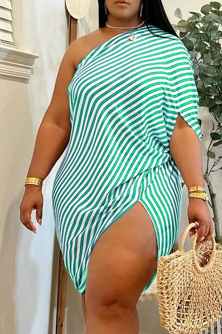 Plus Size Vacation Blue Sundress Striped One Shoulder Asymmetric Hem Mini Dresses 2024 - Xpluswear