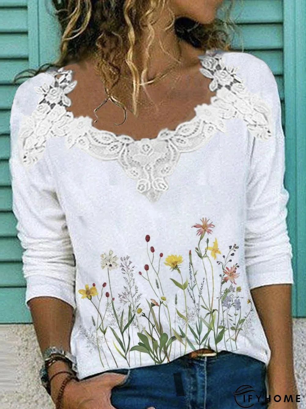 Plants Cotton Blends Crew Neck Long Sleeve Tunic T-Shirt | IFYHOME