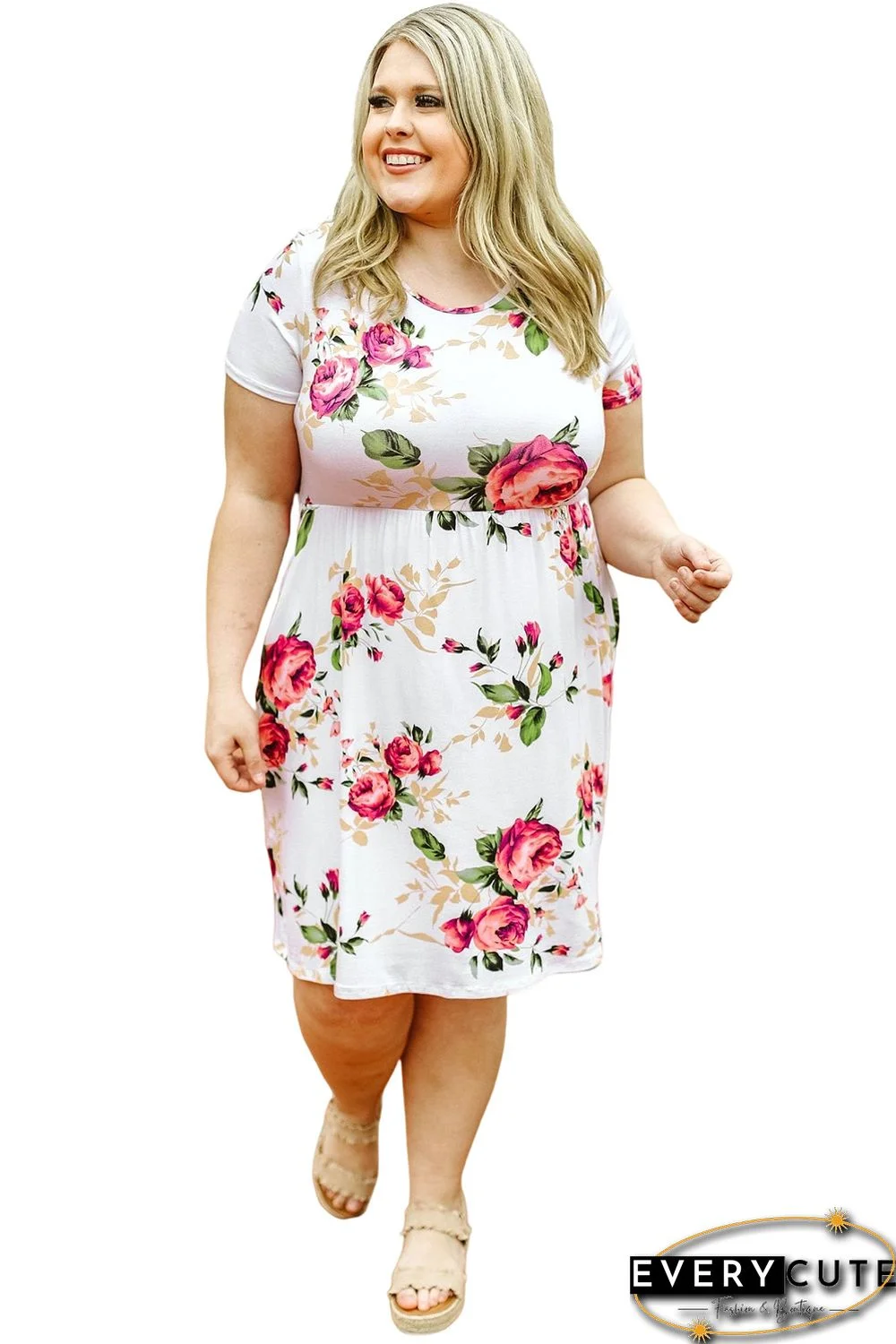 Multicolor Plus Size Floral Print Midi T-shirt Dress