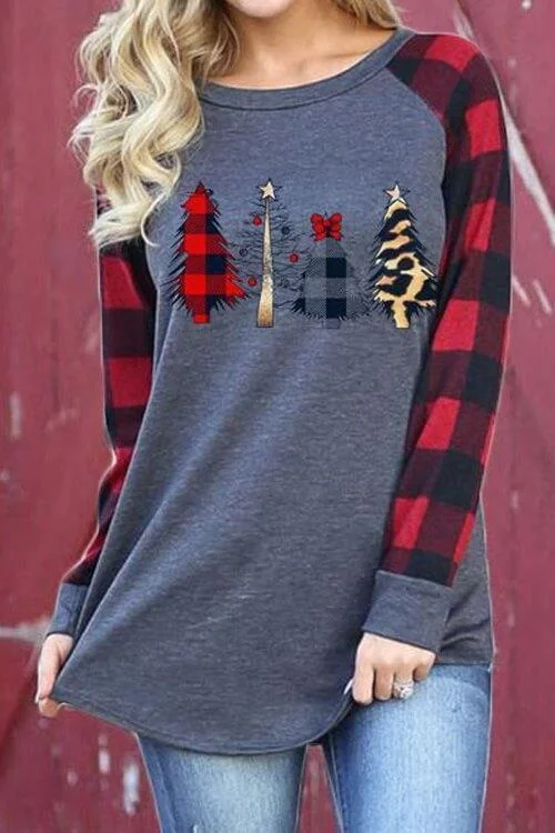 Christmas Print Plaid Stitching Tops