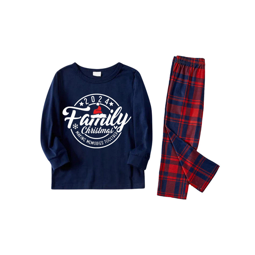 "2024Family Christmas" Prints Blue Long Sleeves Top with Red and Blue Plaid Pants Christmas Matching Pajamas