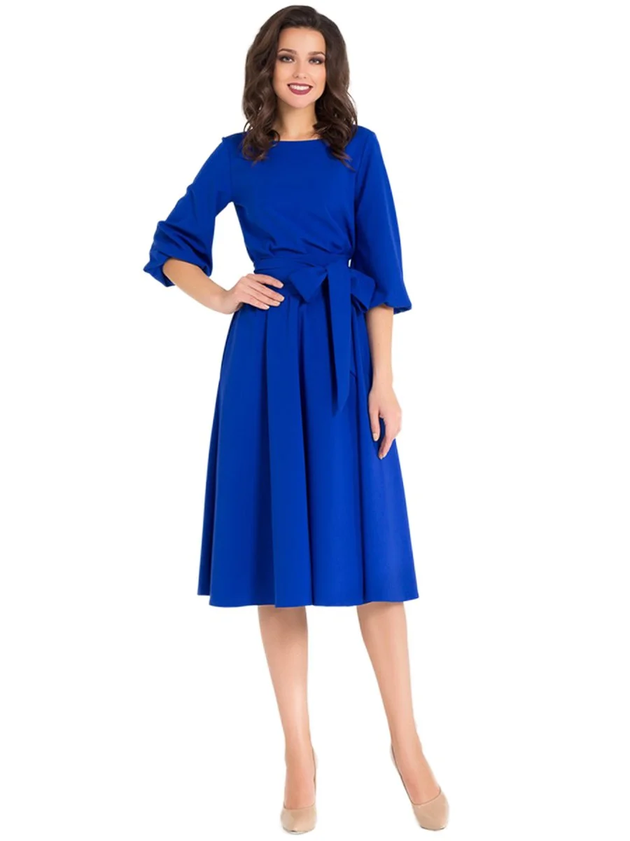 O-Neck Knee-Length Dress Pocket Sashes Lantern Half Sleeve Dress