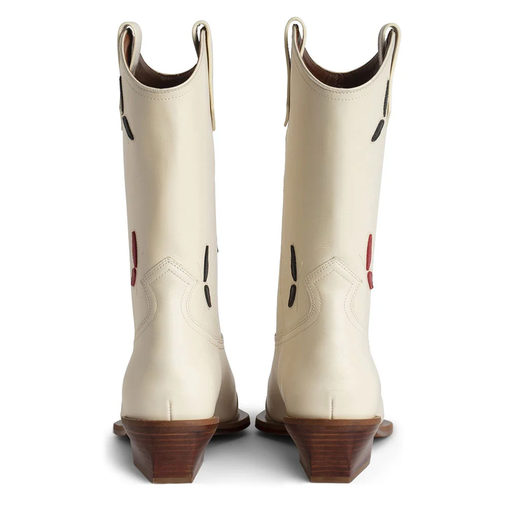 Ivory Vegan Leather Snip Toe Chunky Heel Mid Calf Cowgirl Boots