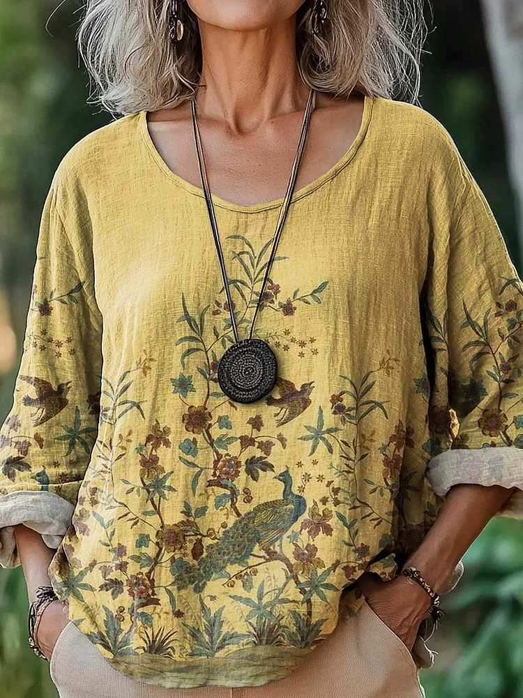 Women's Vintage Lovely Floral Birds Art Print Casual Cotton And Linen Shirt