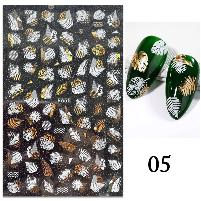 1PC Gold Black Bronzing Leaves Tree 3D Nail Sticker Iridescent Geometrics Lines Adhesive Transfer Sticker DIY Nail Decoration-Nail Inspo