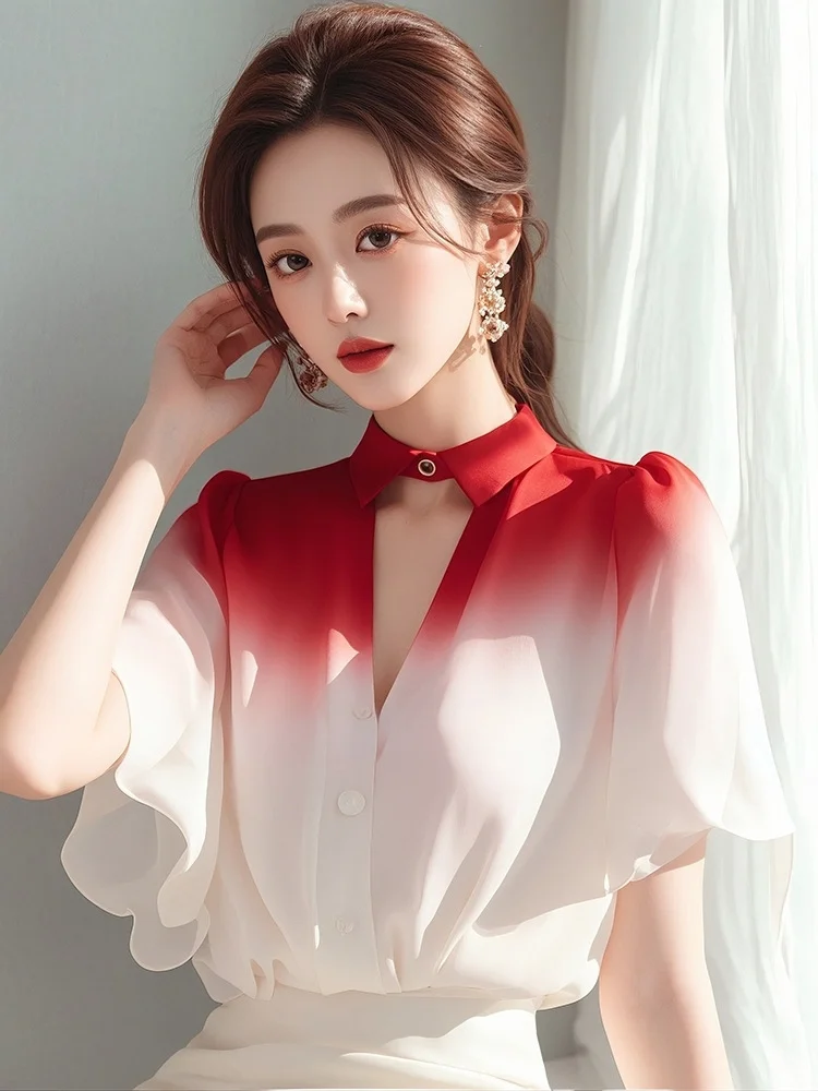 Athvotar Athvotar Year's Popular Unique Beautiful Gradient Shirt Female Light Familiar French Small Short-Sleeved Fairy Air Fluttering Snowfleet Blouse Summer