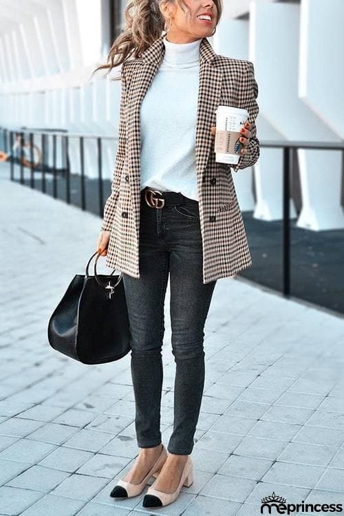 Plaid Button Long Sleeve Blazer