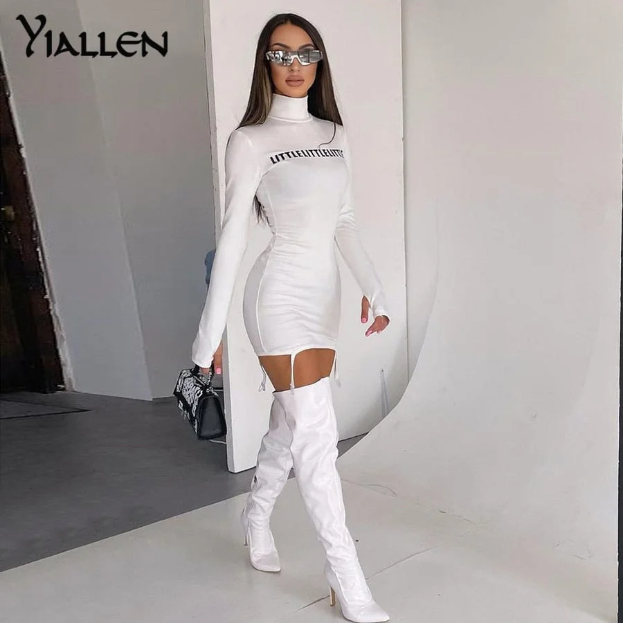Yiallen Autumn Letter Print Skinny Mini Dress 2021 New Women Turtleneck Long Sleeve Stretchy Bodycon Solid Sexy Slim Streetwear