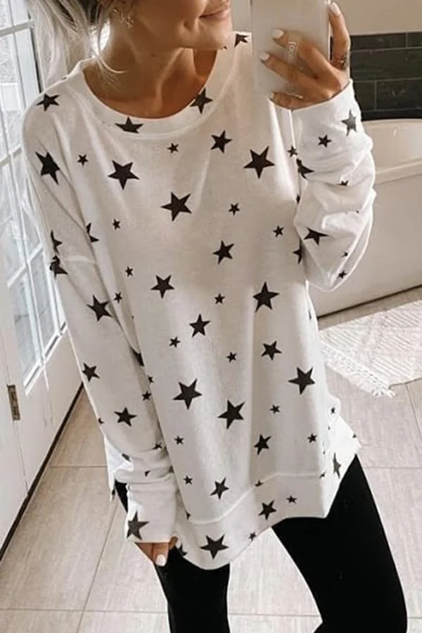 Star Long Sleeve Round Neck Sweatshirt-Allyzone-Allyzone