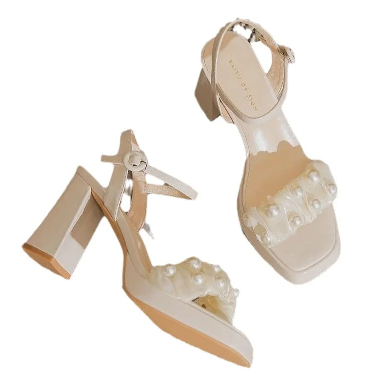 Toloer Toloer Open-Toe Sandals For 2024 New Summer French Dress With Pearl Heels-Outfit Ideas
