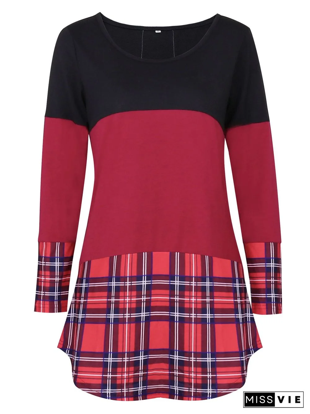 Women's Scoop Neck Long Sleeve Plaid Tops