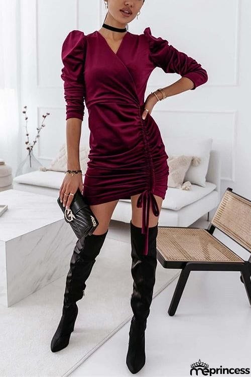 Velvet Drawstring Puff Sleeve Dress