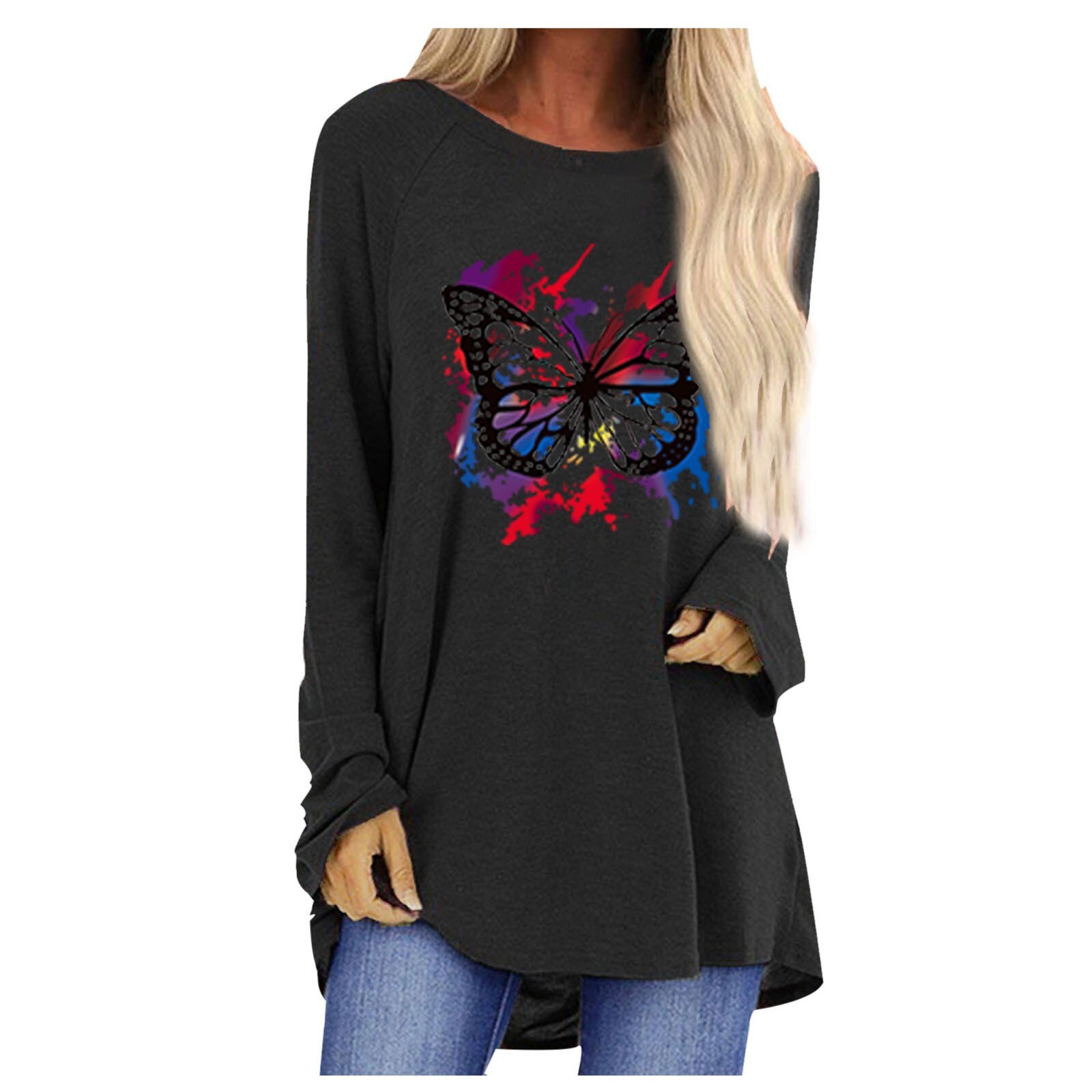 Fashion Butterfly Print Women Sweatshirts Loose O-neck Long Sleeve Women's T-shirt Plus Size Oversized T-shirt