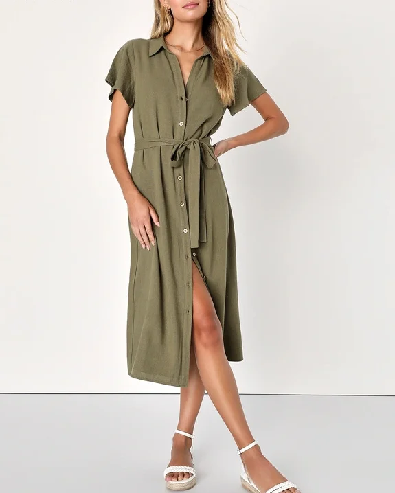 Emperament A Row Of Button Solid Color Short-Sleeved Slit Shirt Midi Dress