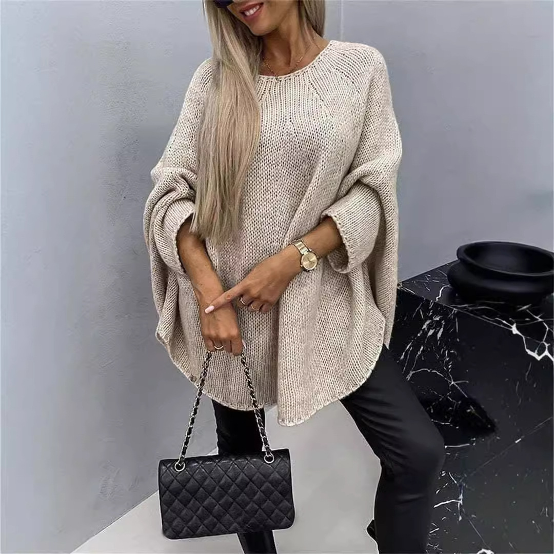 Women's Solid Color Batwing Sleeve Round Neck Knit Sweater