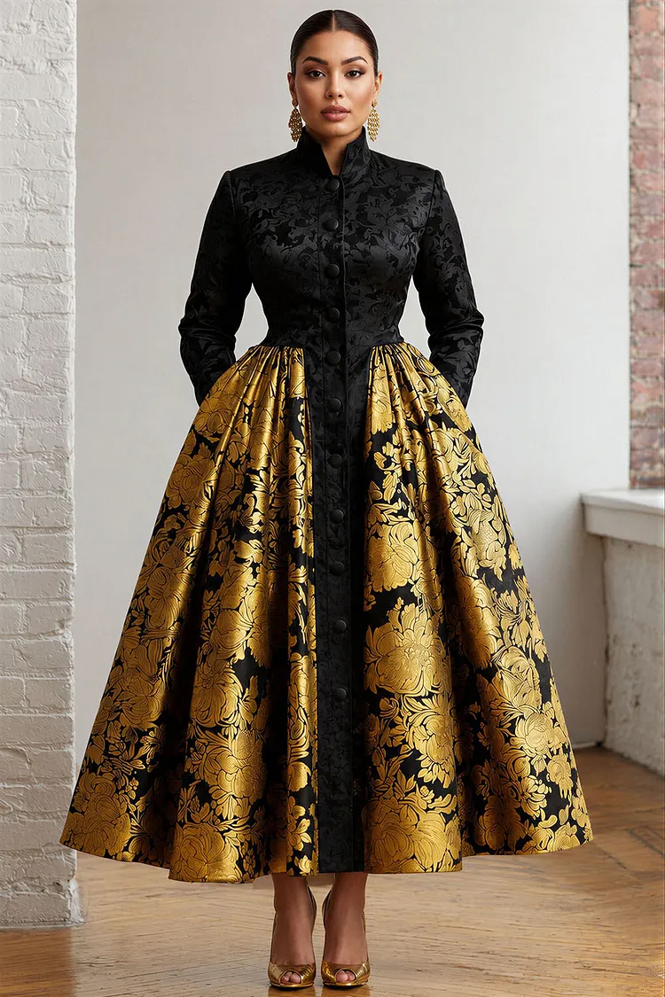 Xpluswear Design Plus Size Formal Gold Foil Print Mock Neck Long Sleeve Pocket Foil Print Satin Maxi Dresses [Pre-Order] 2024 - Xpluswear