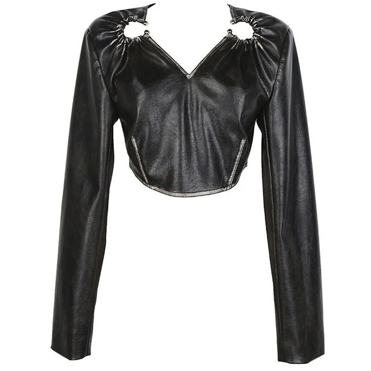 Chic Solid Color V-collar Shoulder Hollow Out Long Sleeve Crop PU Leather Blouse    