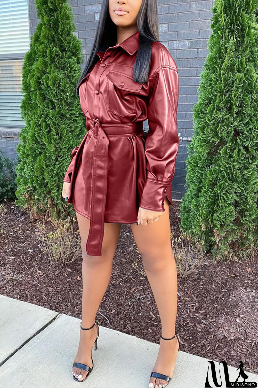 MidiSono - Blue Fashion Casual Solid With Belt Turndown Collar Outerwear