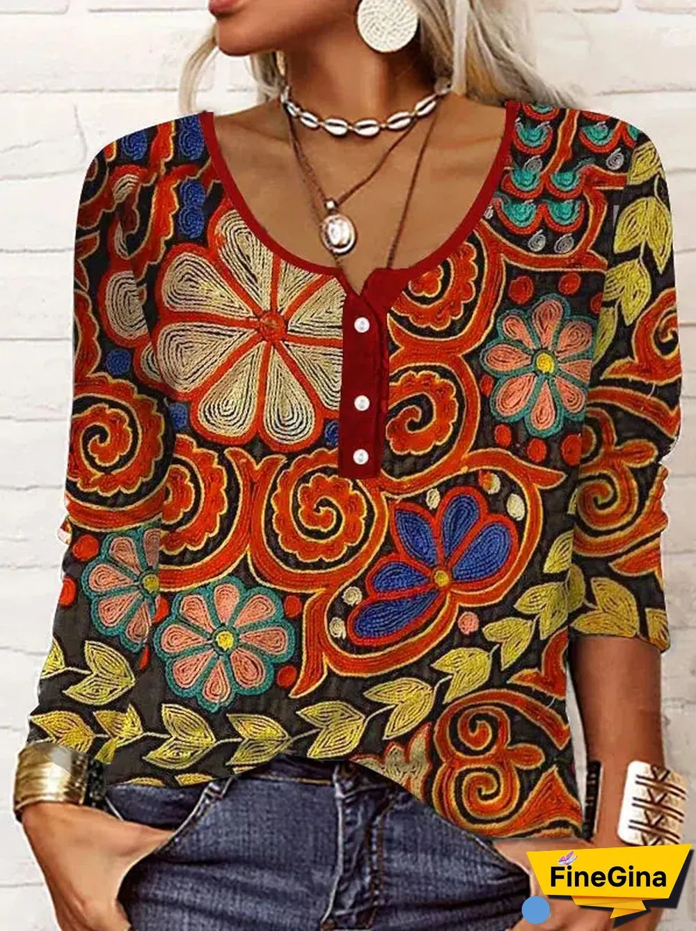 Vintage Print Long Sleeve Round Neck Top