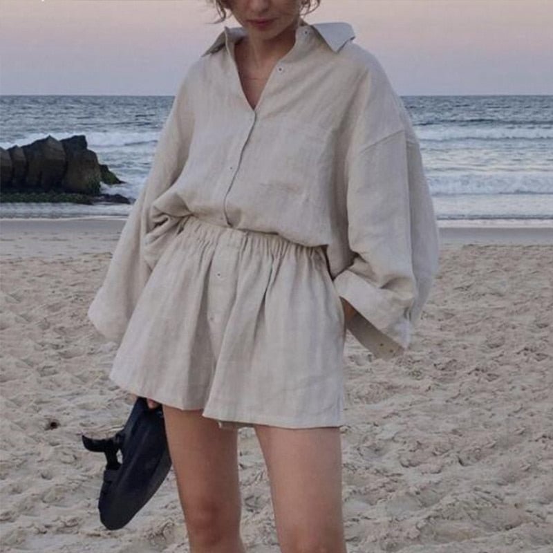Women Two Piece Set Casual Long Sleeve Turn-down Collar Cotton Linen Loose Blouse Shirts And High Waist Shorts Retro Tracksuit