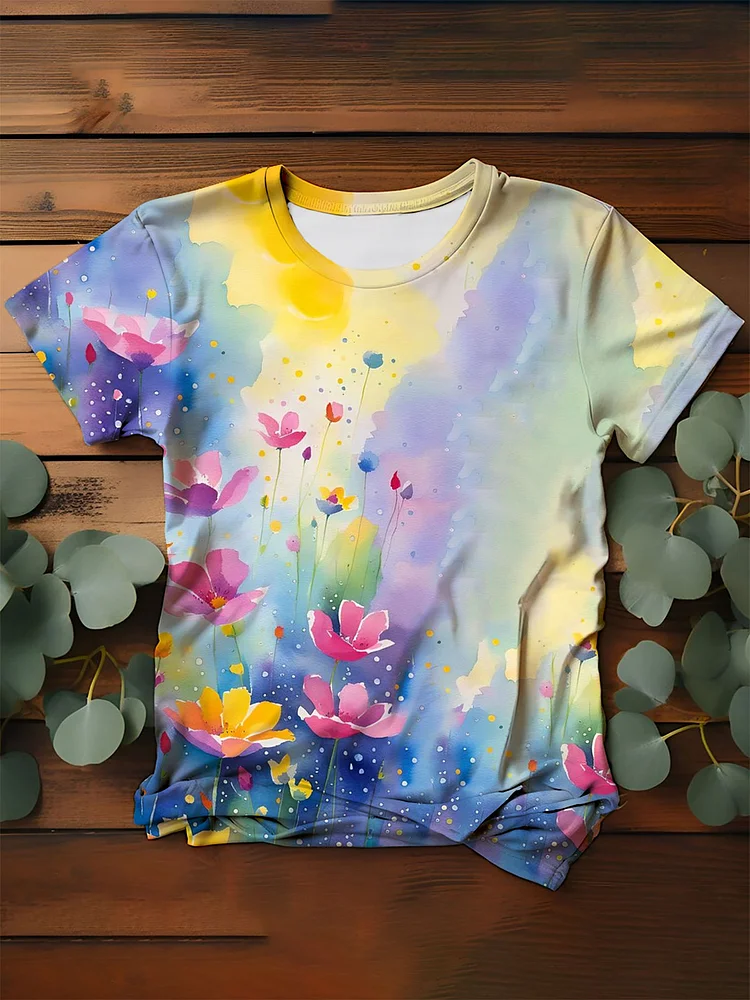 Women's Colorful Floral Round Neck T-Shirt socialshop
