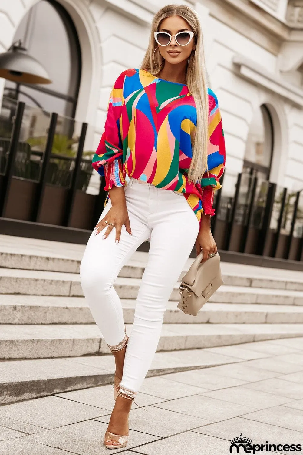 Printed Round Neck Smocked Wrist Lantern Sleeve Blouse