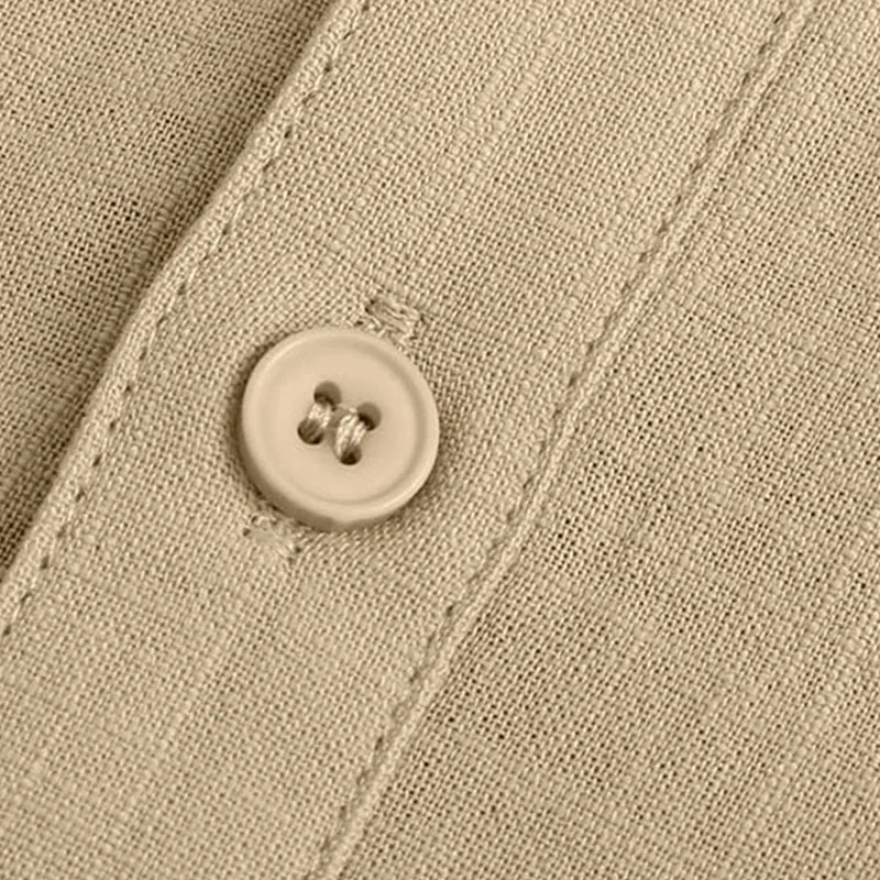 Men Cotton Linen Half Button Pocket Henry T-shirt Shirt Khaki-inspireuse