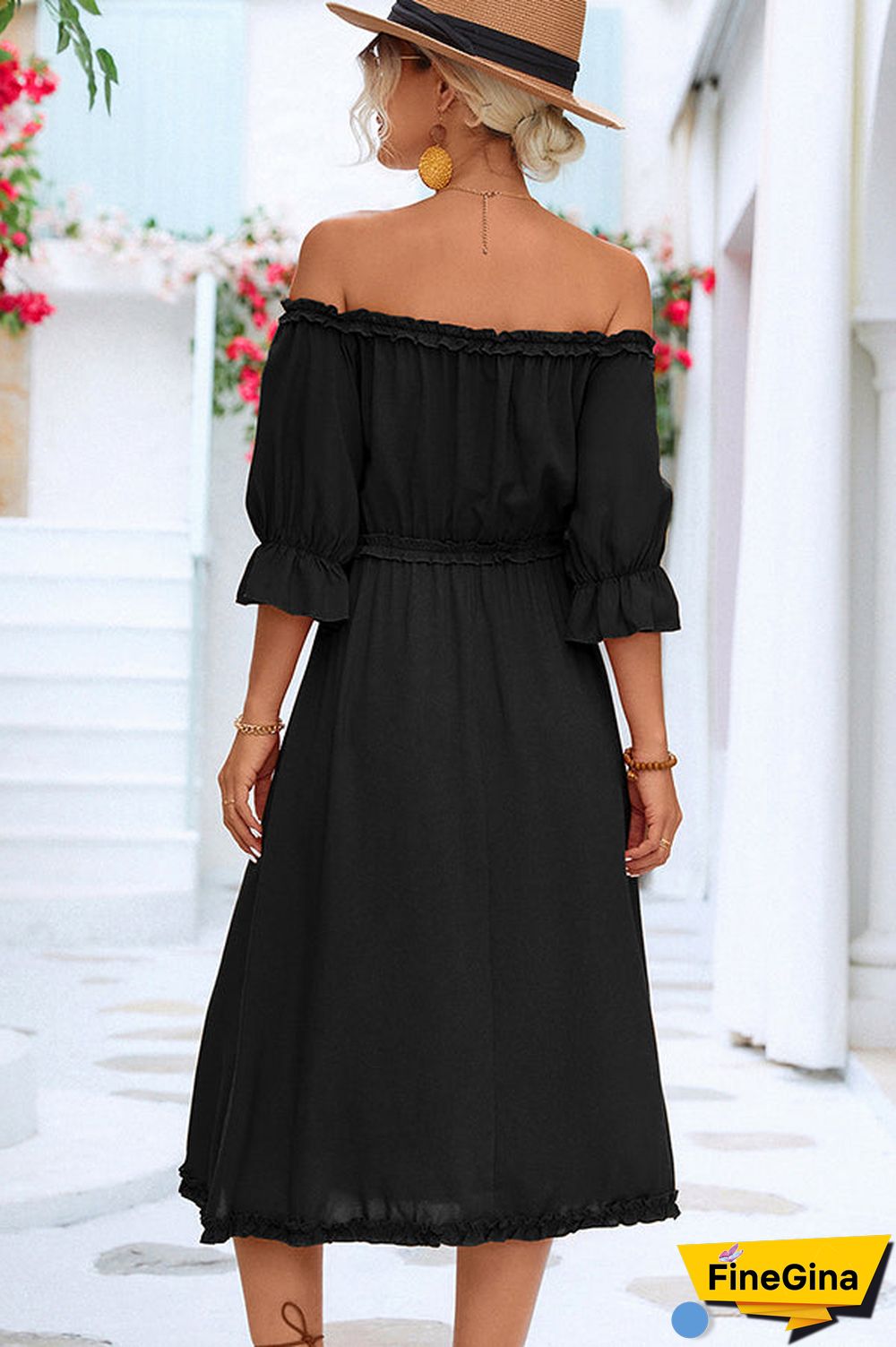 Solid Color Off The Shoulder Frill Casual Dress