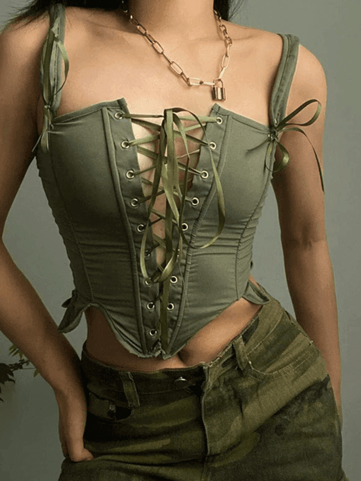 Brownm Lace Up Asymmetric Corset Top