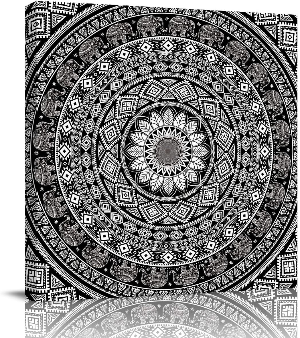 Mandala Canvas Painting on Canvas Wall Art Ethnic Design Asian Art Traditional Pattern Black White Wall Decor for Bedroom Canvas Art Wall Art for Living Room 16x16inch 16x16inch