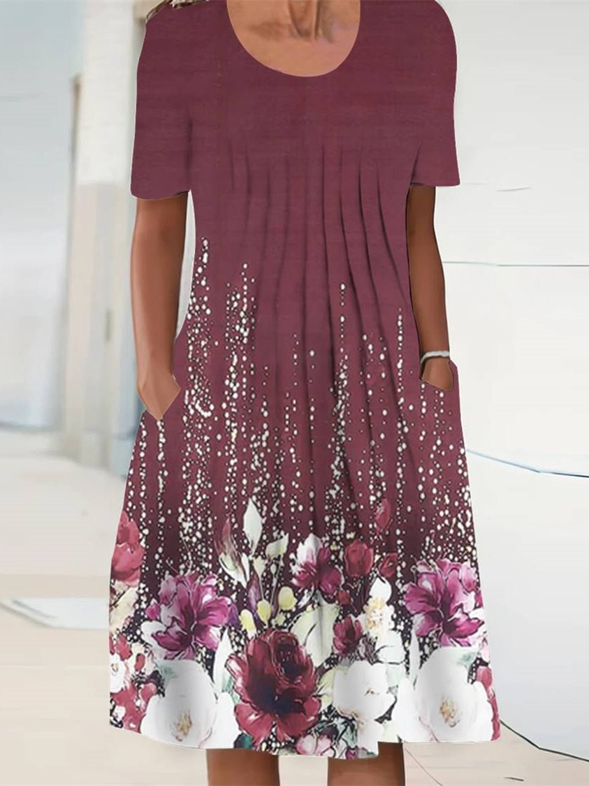 Women's Short Sleeve Scoop Neck Floral Printed Graphic Midi Dress