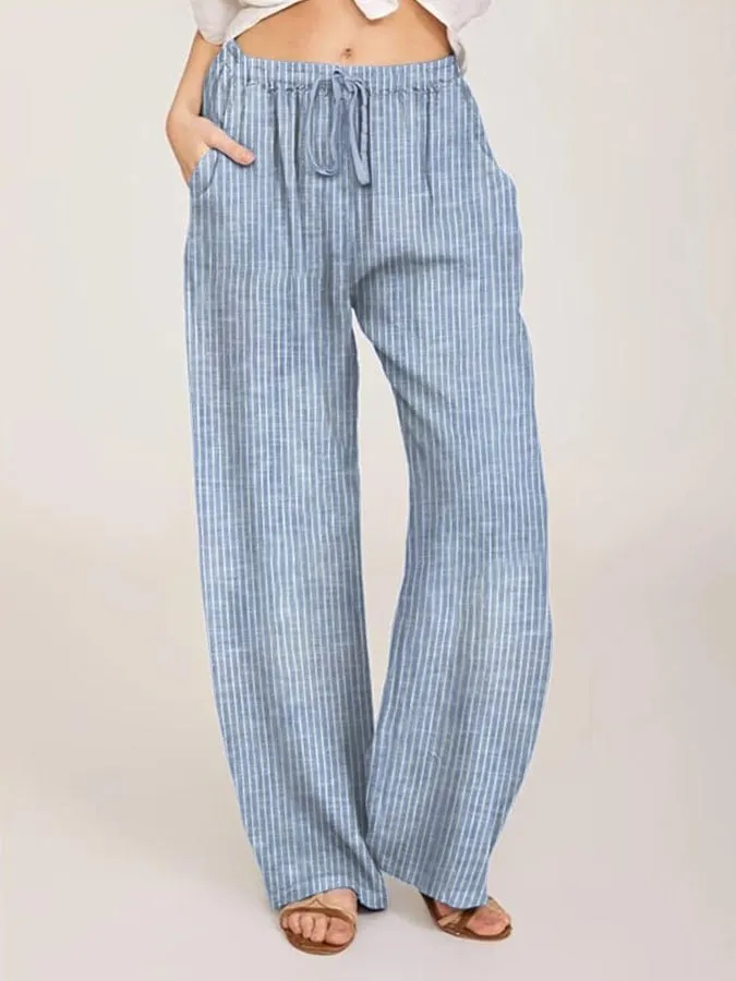 Women's Casual Striped Printed Cotton and Linen Trousers 