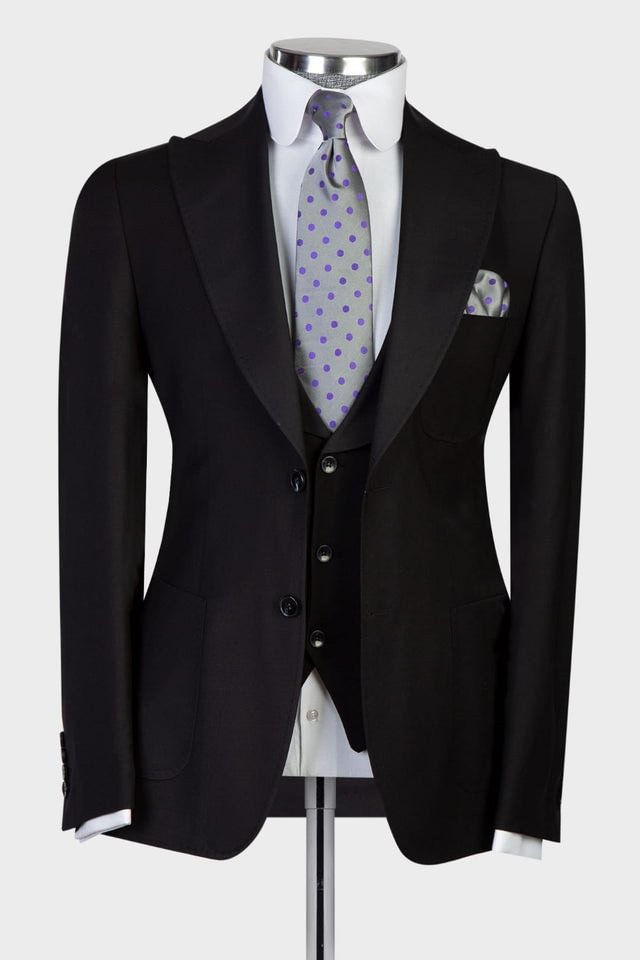 Modern Two Buttons Peaked Lapel Black Men Suits For Business | Ballbellas Ballbellas