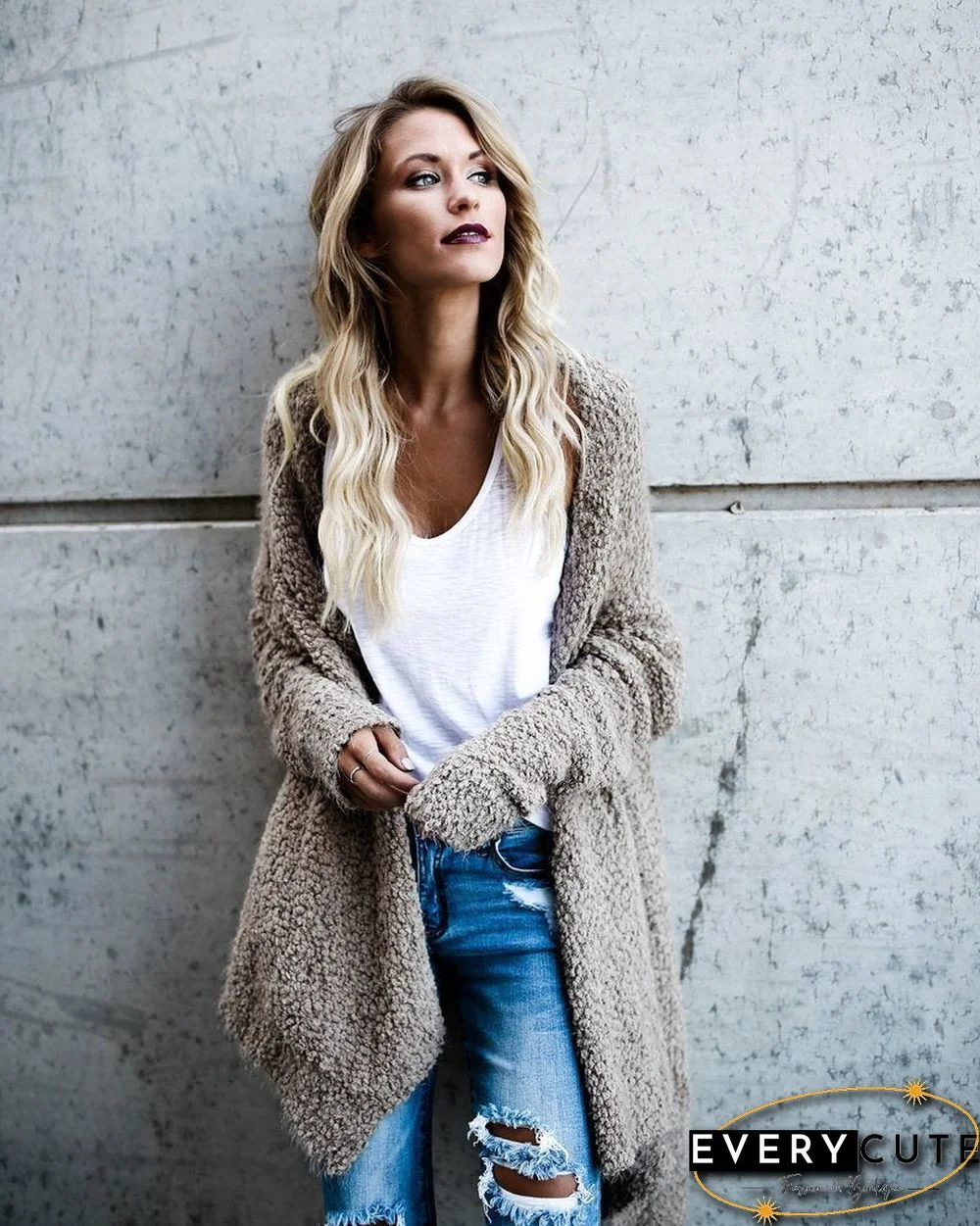 Asymmetrical Plain Loose Keep Warm Fleece Cardigan Coat