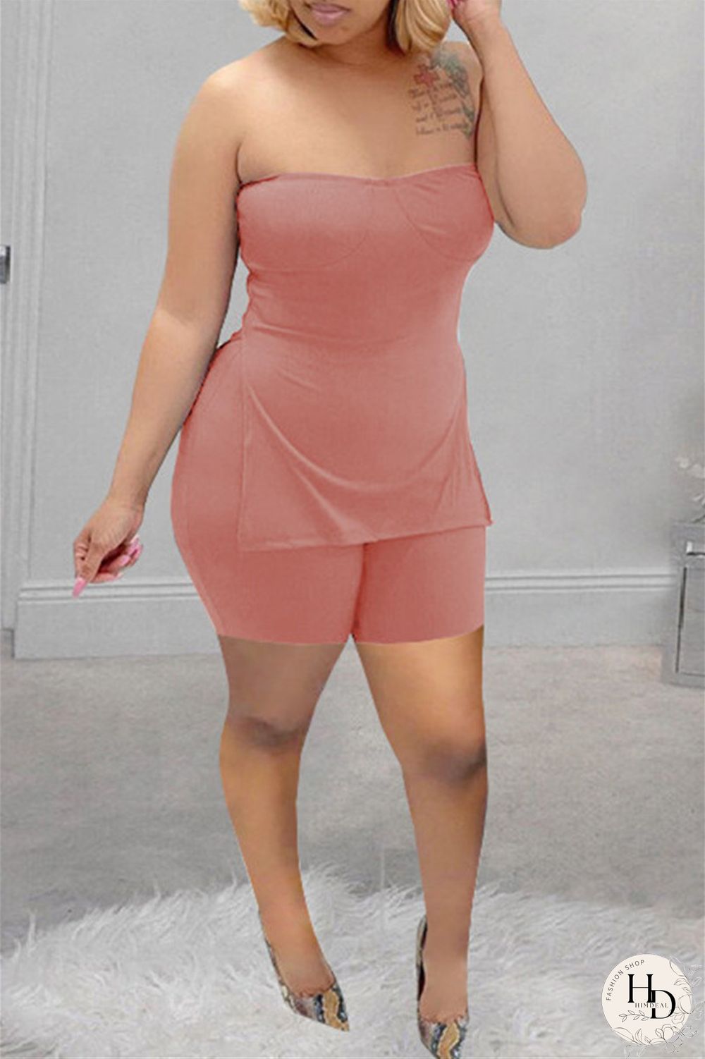 Coral Powder Sexy Casual Solid Backless Slit Strapless Sleeveless Two Pieces