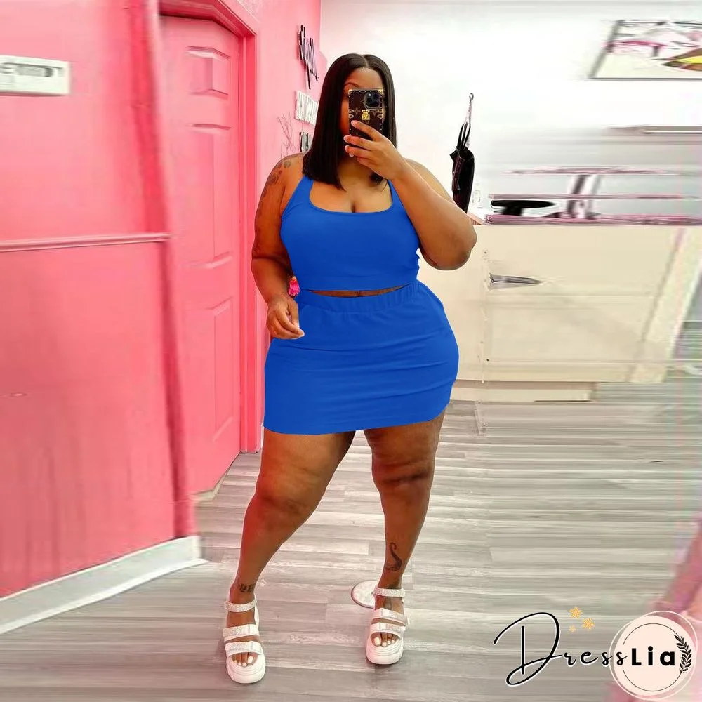 Plus Size Summer Solid Women Square Neck Sleeveless Crop Top+Elastic Waist Mini Skirt 2 Piece Set