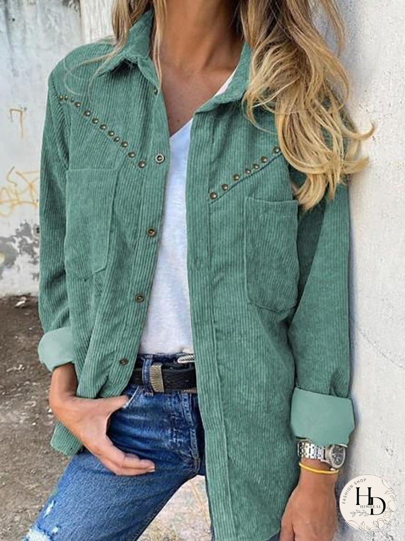 Blouses Corduroy Rivet Long Sleeve Button Pocket Blouse for Women