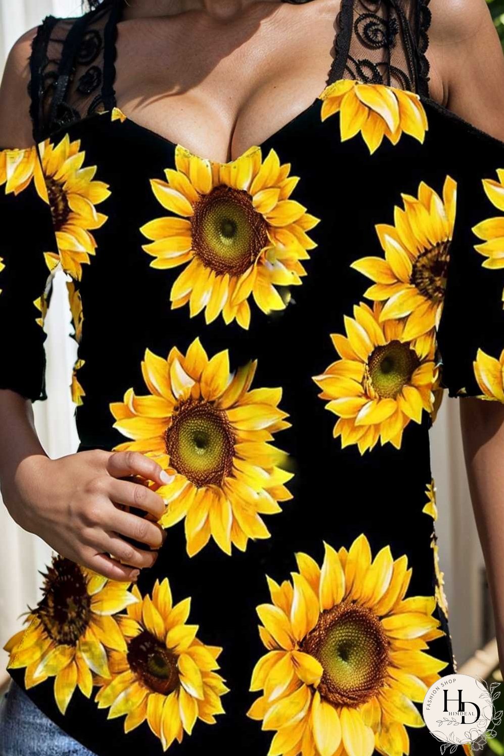 sunflower print off shoulder hollow wide shoulder strap t shirt