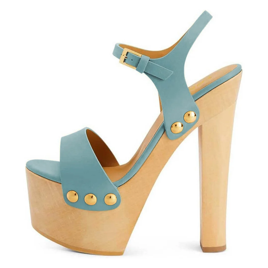 Light Blue Open Toe Platform Chunky High Heels Shoes with Studs