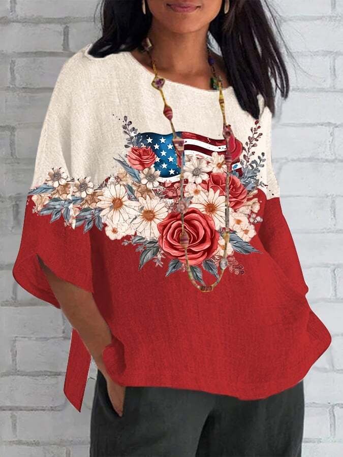 Women's Independence Day Round Neck Loose Tops