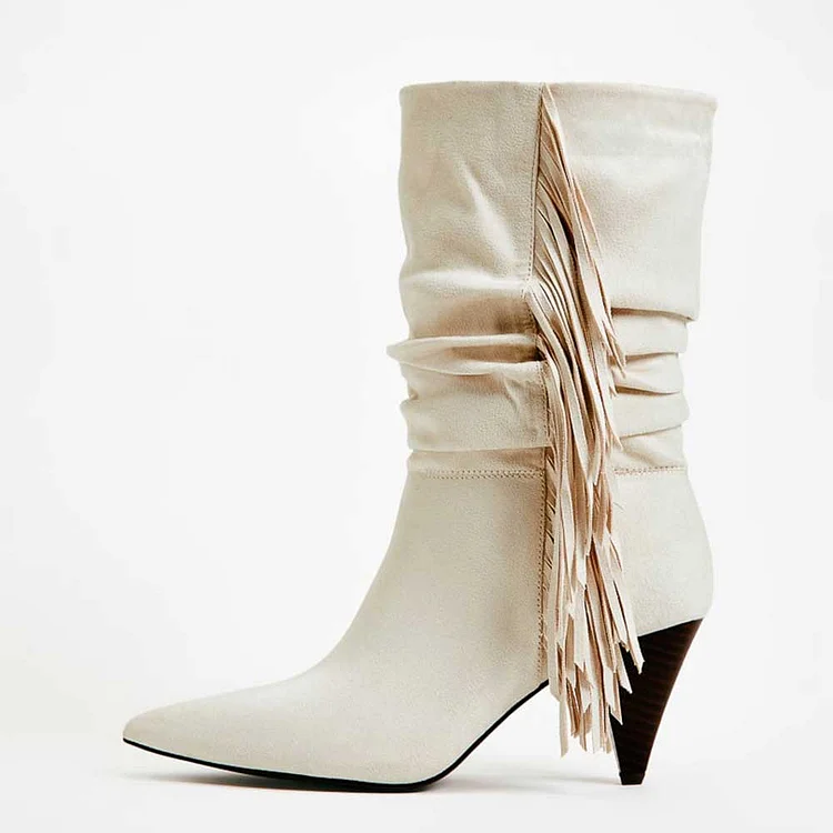 White Cone Heel Fringe Shoes Vegan Suede Mid-Calf Slouch Boots |FSJ Shoes