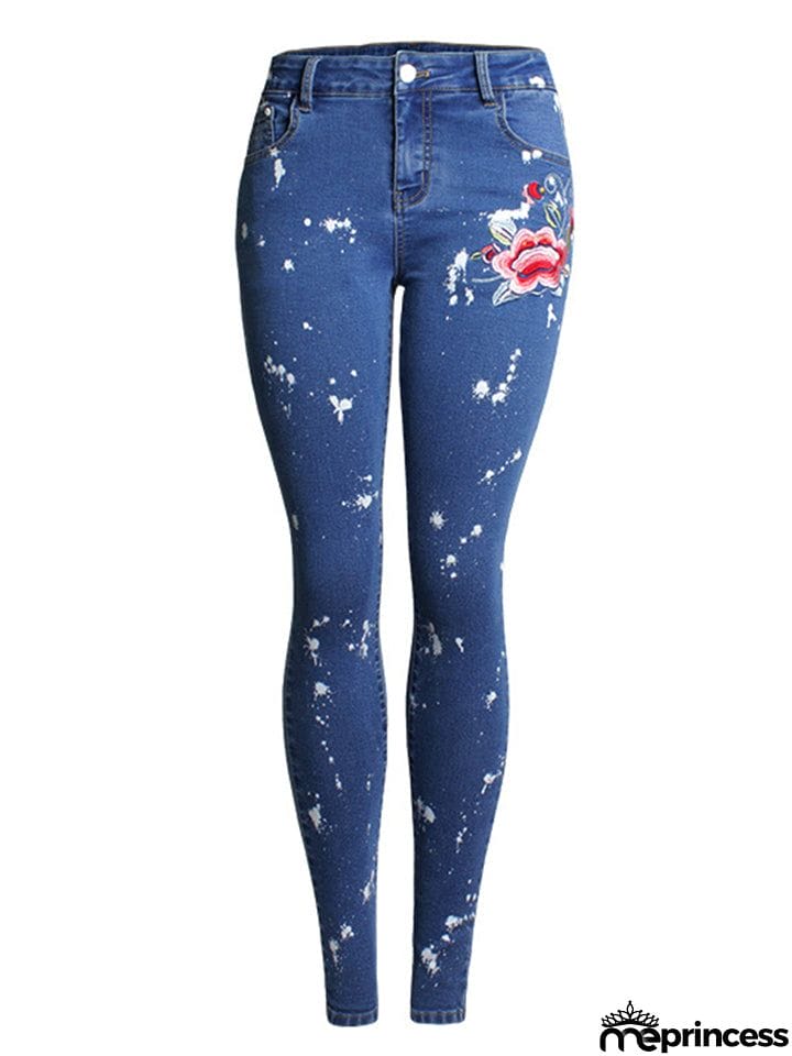 Women's Floral Embroidery Skinny White Spray Print Denim Jeans