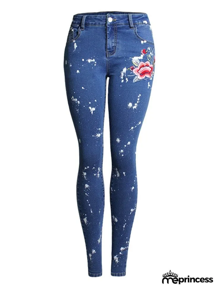Women's Floral Embroidery Skinny White Spray Print Denim Jeans