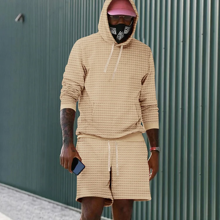 Broswear Solid Color Casual Checkered Long Sleeve Hoodie And Shorts Co-Ord