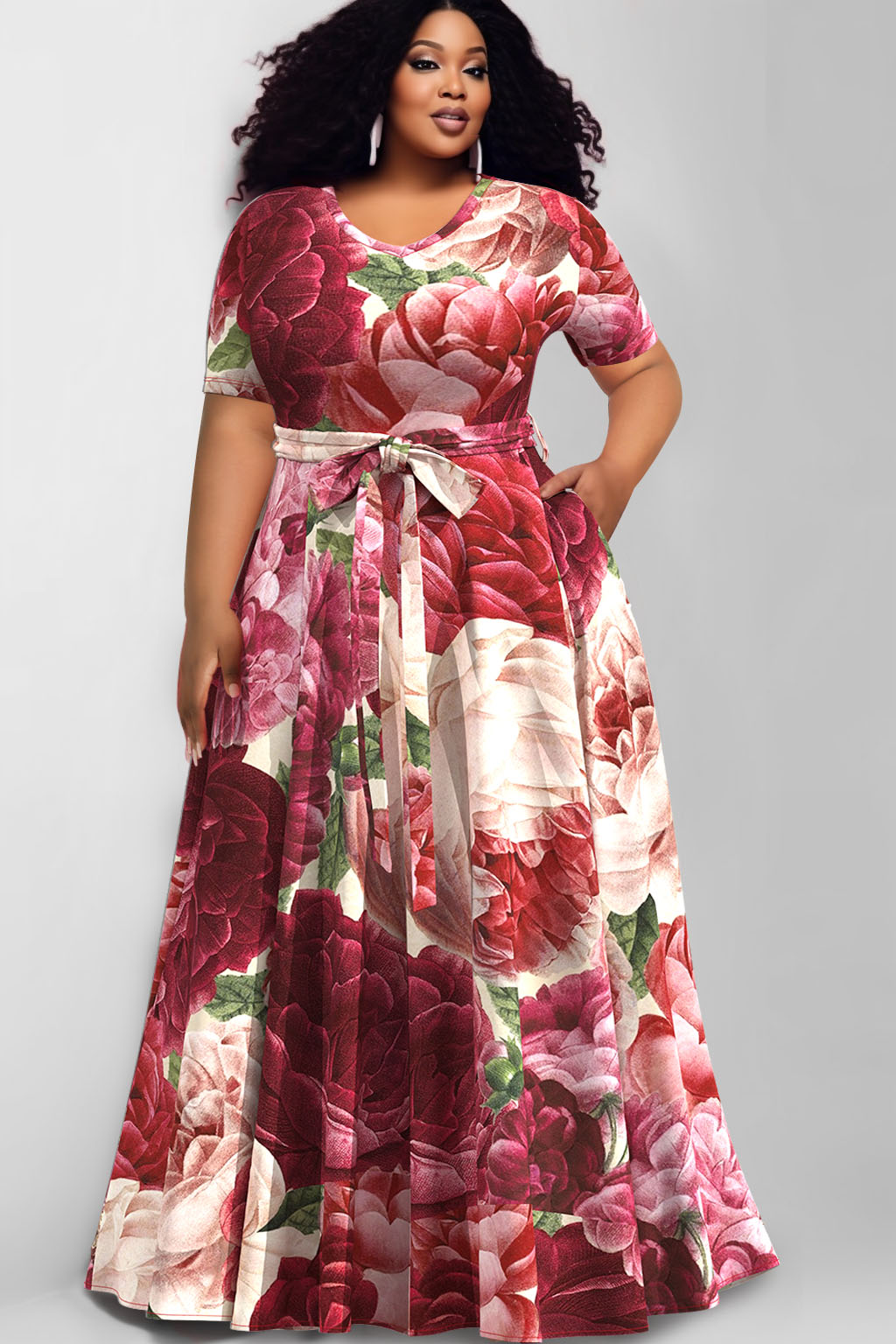 Design Plus Size Burgundy Daily Floral Print Short Sleeve Pocket Maxi Dresses [Pre-Order]