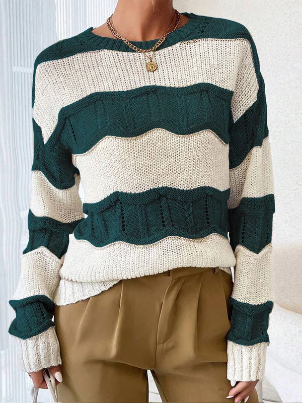 Athvotar Athvotar Autumn And Winter Three-Dimensional Striped Mahjong Loose Knitted Long-Sleeve Round Jumper Woman