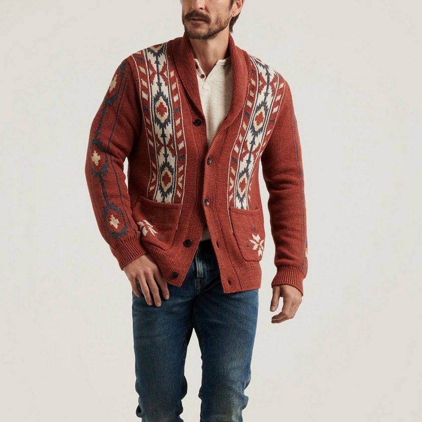 Lapel Jacquard Men's Knitted Cardigan