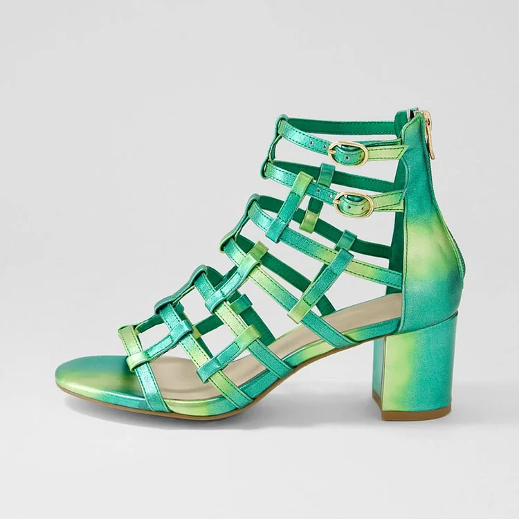 FSJ Emerald Gradient Open Toe Caged Block Heel Sandals |FSJ Shoes